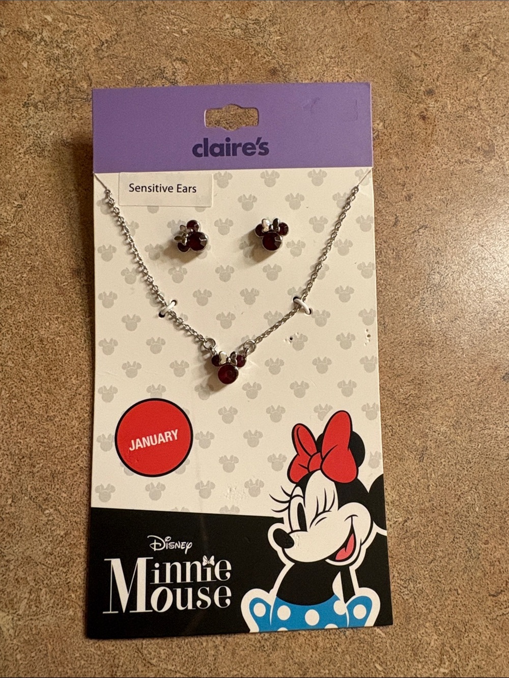 Claire's Minnie Mouse Red & Silver Necklace + Earring Set - January faux Garnet
